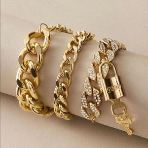 🌟3Pieces Lock&Key Charm Chain Bracelet Set Gold